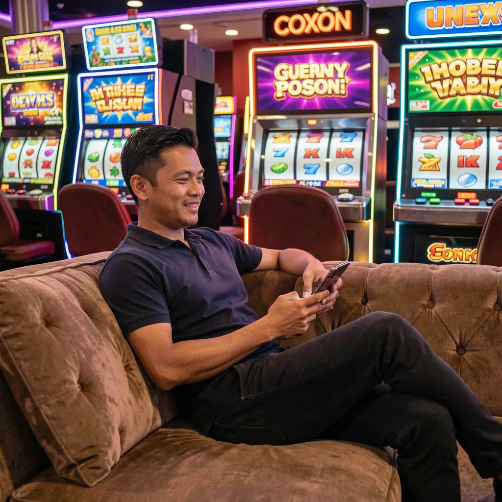Focused Malaysian player using the OMG67 mobile casino app with bright slot machines and casino lights behind him