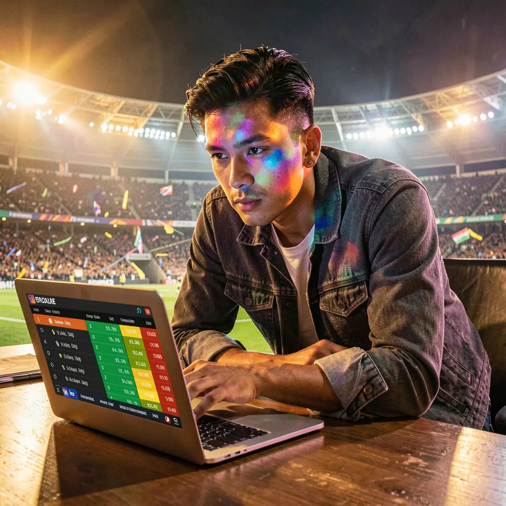 Focused Malaysian sports bettor analyzing live football odds on a laptop in a dramatic stadium lit setting while using the OMG67 betting platform