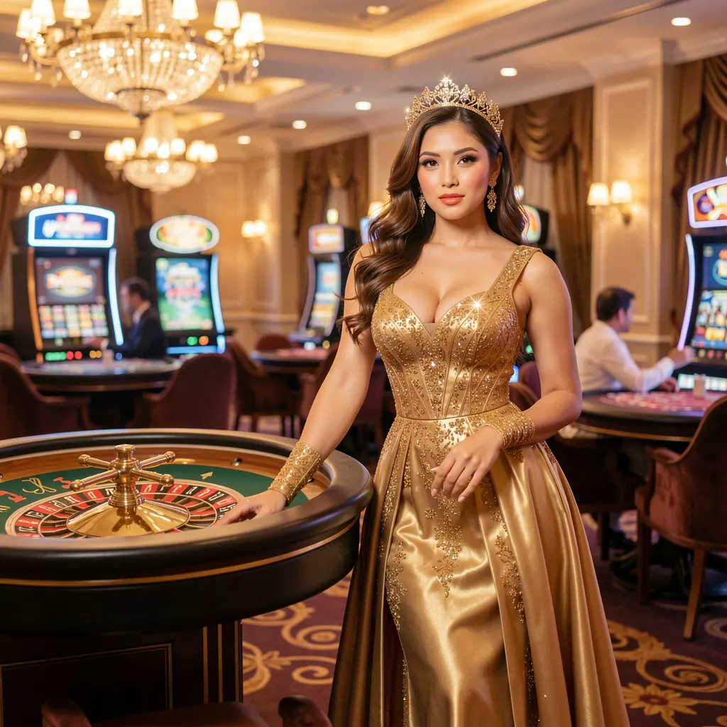 An elegant casino hostess in a luxury golden dress standing by a roulette table in a glamorous gaming hall showcasing the premium live casino atmosphere at OMG67 Malaysia
