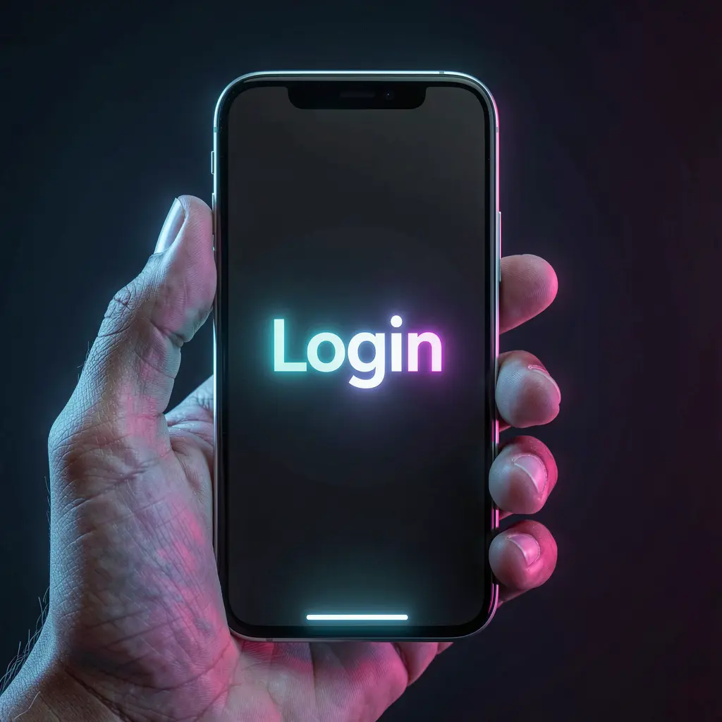 Modern smartphone displaying the OMG67 login screen with a glowing interface and secure access for Malaysian users
