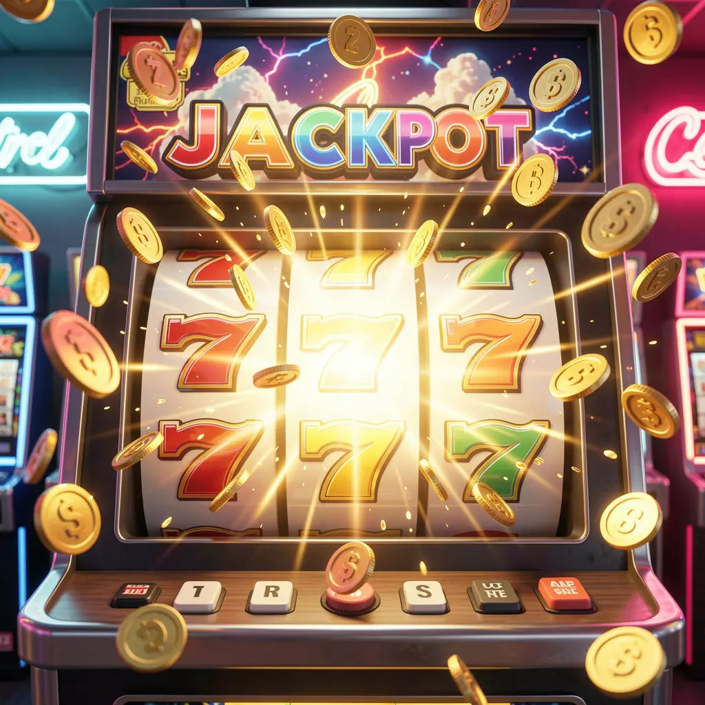 Neon lit slot machine displaying triple sevens with scattered gold coins highlighting the premium slot experience at OMG67 casino for Malaysia users